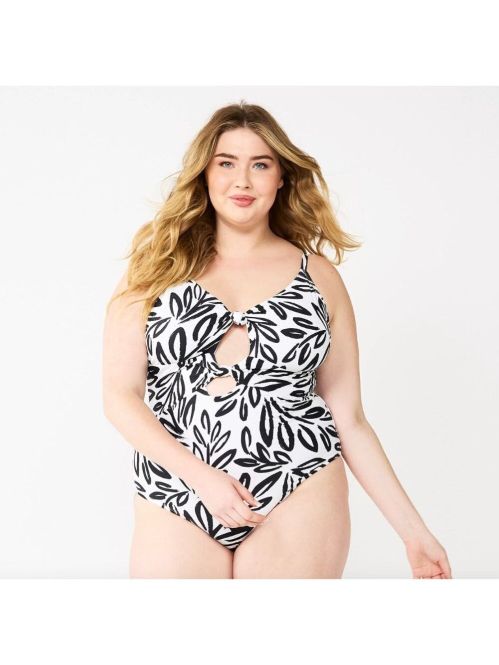Plus Size Freshwater Cutout Knotted One-Piece Swimsuit 3X Palm Party Black White